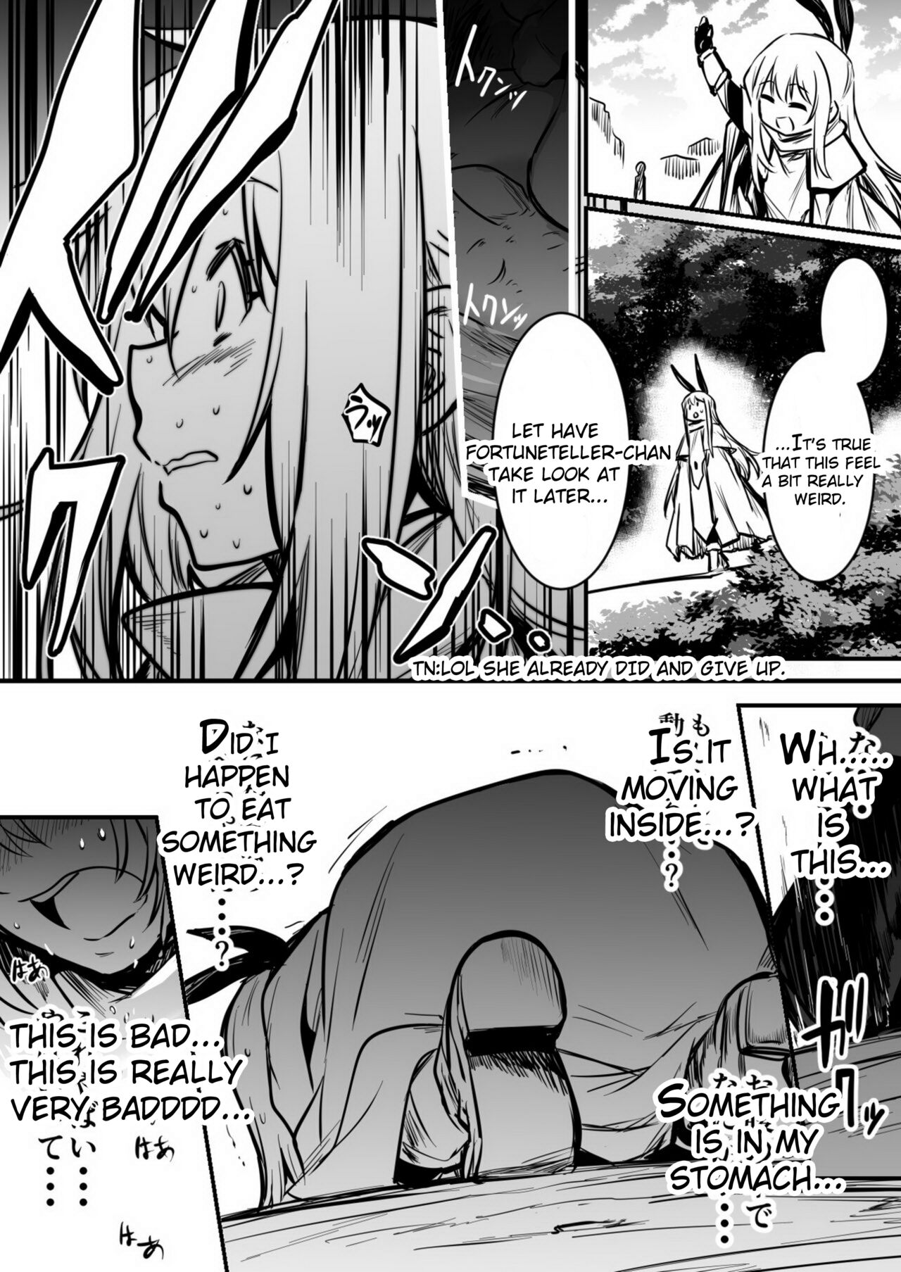 [Lefthand]Furtuneteller-chan who worry about Adventure-chan's unusual symptom and take a look at it and Adventure-chan who unknowingly got knock up and  give birth to demi-human child in distant land[CT][English] Page 6