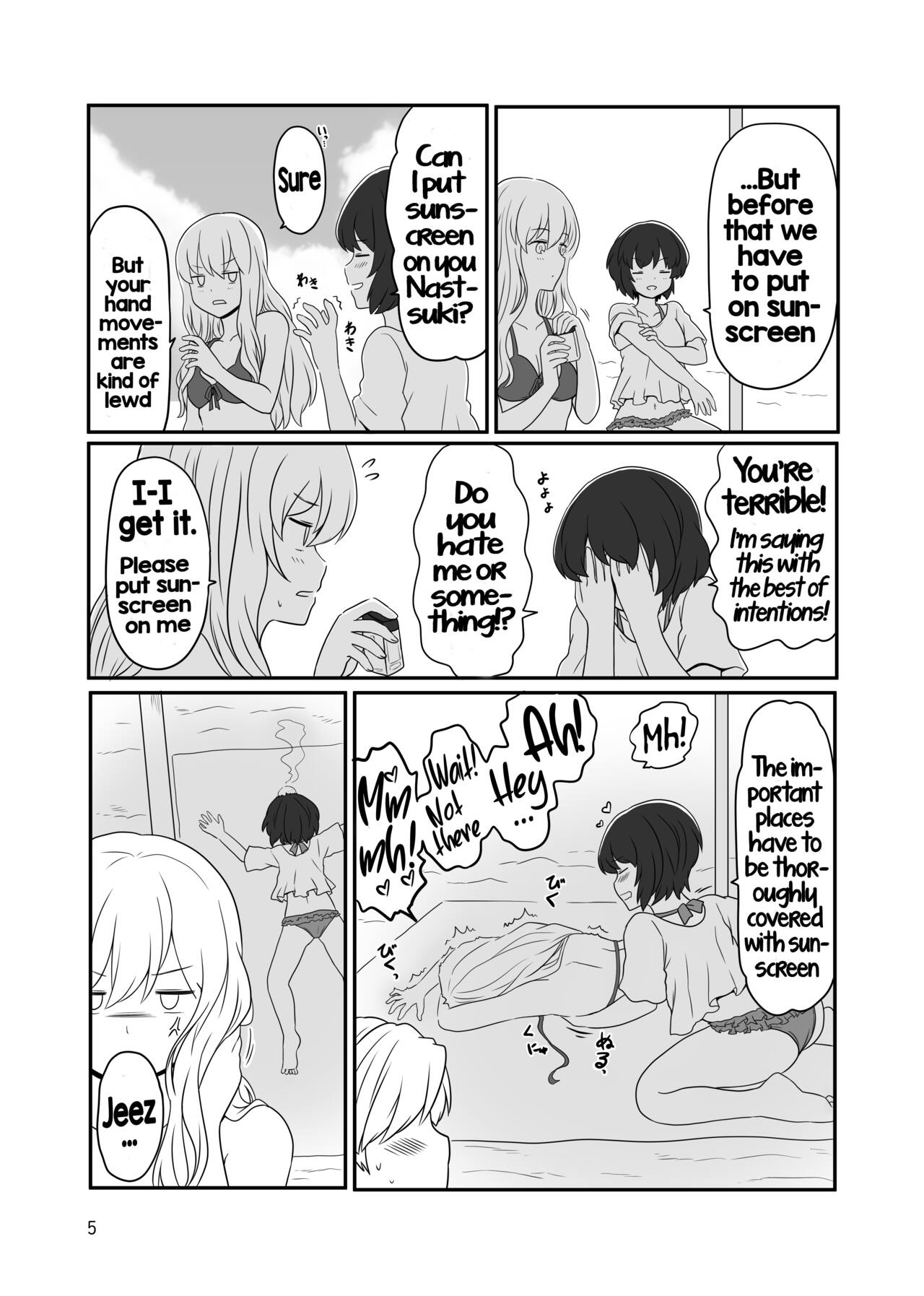 [Kurosawa Karura]Umi de Roshutsu Play Shichau Yuriple | A yuri couple does exhibitionism at the beach[English] Page 4