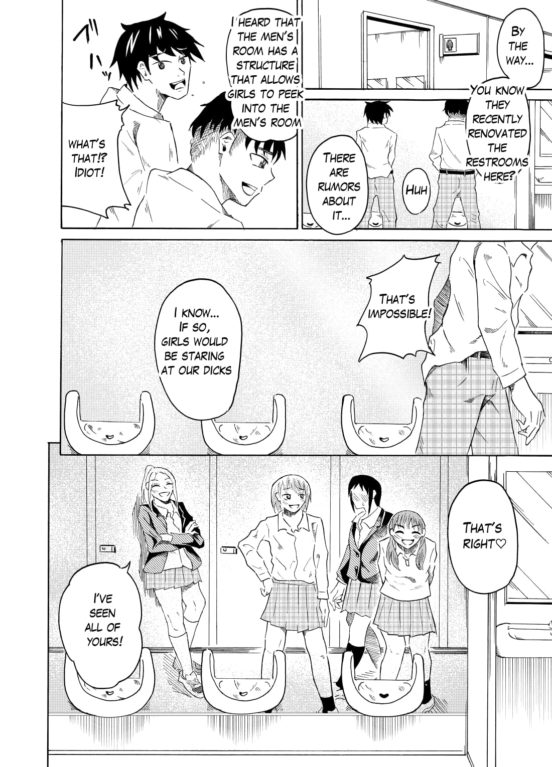 [NippatsuKokuhou (Kaneko Ken)]Nozoki Miru Joshi-tachi ~Danshi Toilet Hen~ | Peeking girls at boy's restroom[English] Page 2