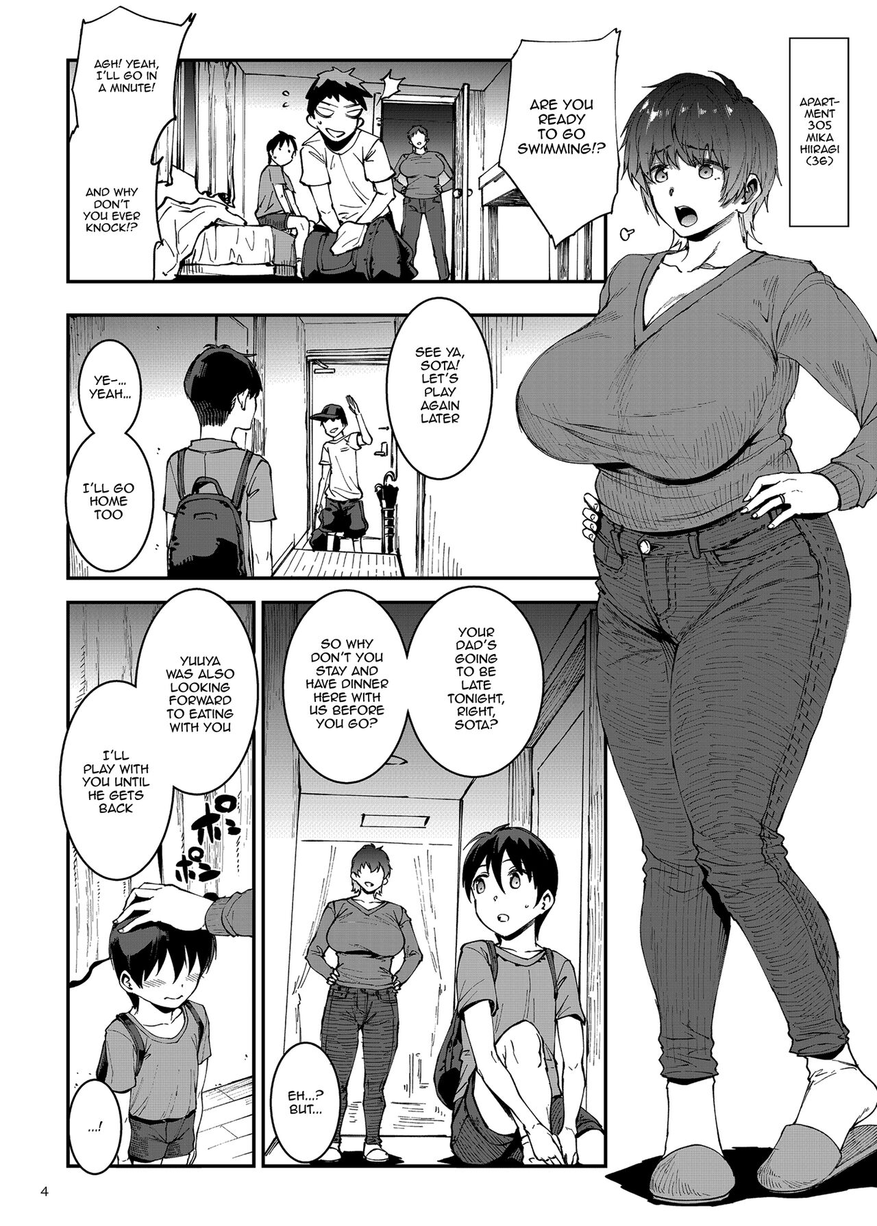 [ERECT TOUCH (Erect Sawaru)]Mama Mansion! ~Daiichiwa 305-goushitsu Hiiragi Mika (36)~ | Mama Mansion! ~First Chapter, Room 305's Hiiragi Mika 36YO~[English] {Doujins.com} [Digital] Page 4