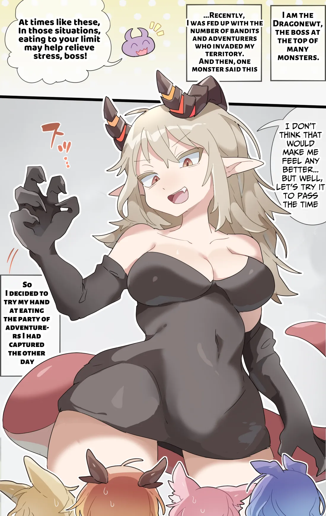 [imaat]The dragon girl swallows all the adventurers whole in a swollen belly samesize vore comic[English/Japanese] Page 1