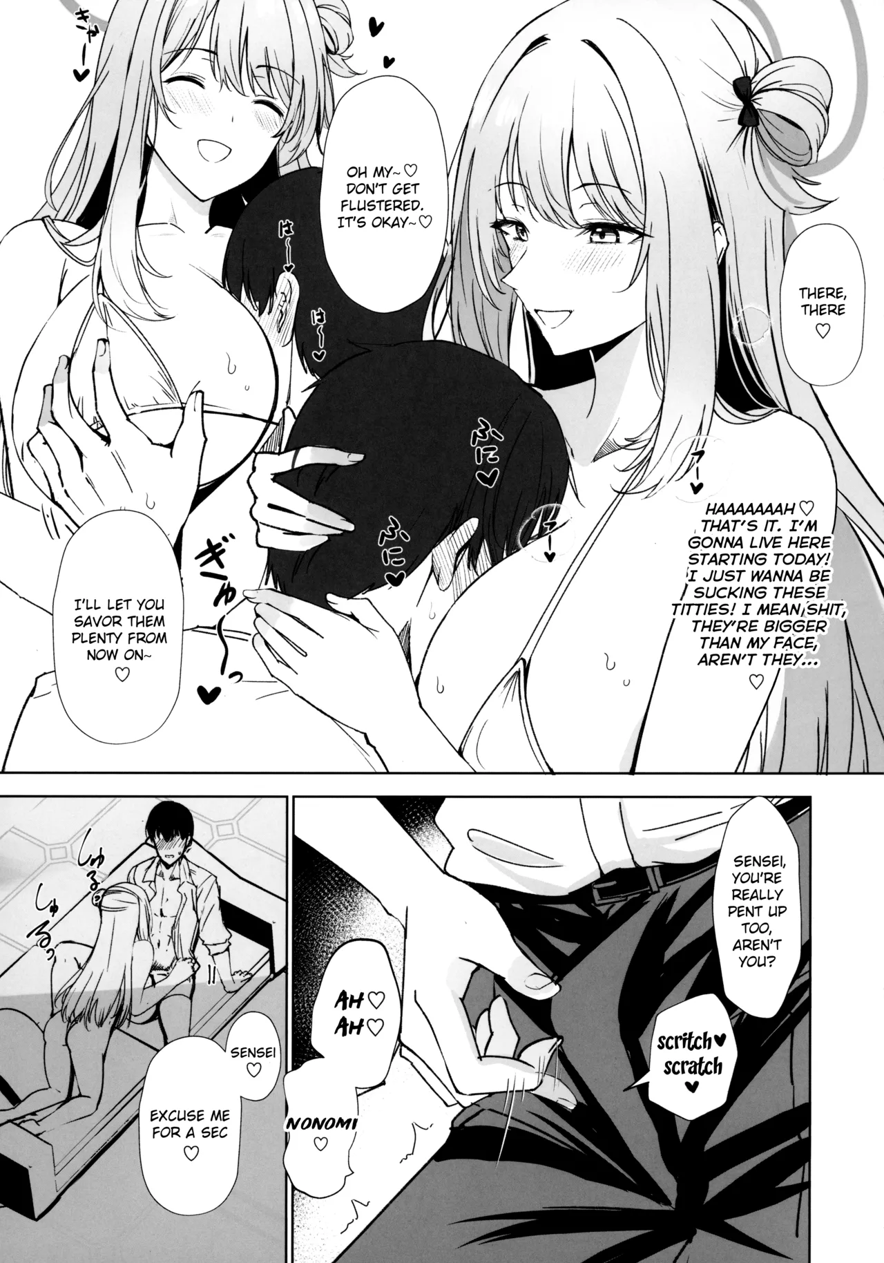 (C104) [Kuronishiki (Takaharu)]Koukando Saidai M Cup Dekapai Bisyoujo no Zenkoutei Ichaama Namahame Koubi de Sensei ga Kizetsu Suru Made Seishi Shibori Torareru Hon | Max Affection A Book in which Sensei Gets His Jizz Milked Until Passing Out From Fully Consensual Sweet Loving Bareback Mating with a Pretty Girl with Huge M Cup Tits(Blue Archive) [English] {brolen} Page 10