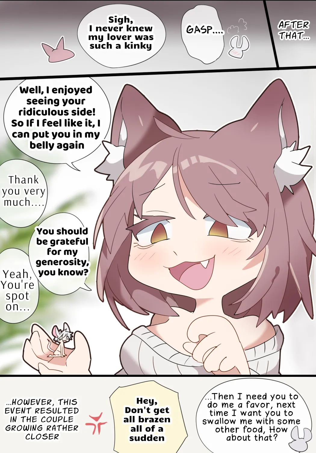 [imaat]A vore manga of a giant girl with animal ears swallowing her tiny lover whole while cursing him[English/Japanese] Page 5
