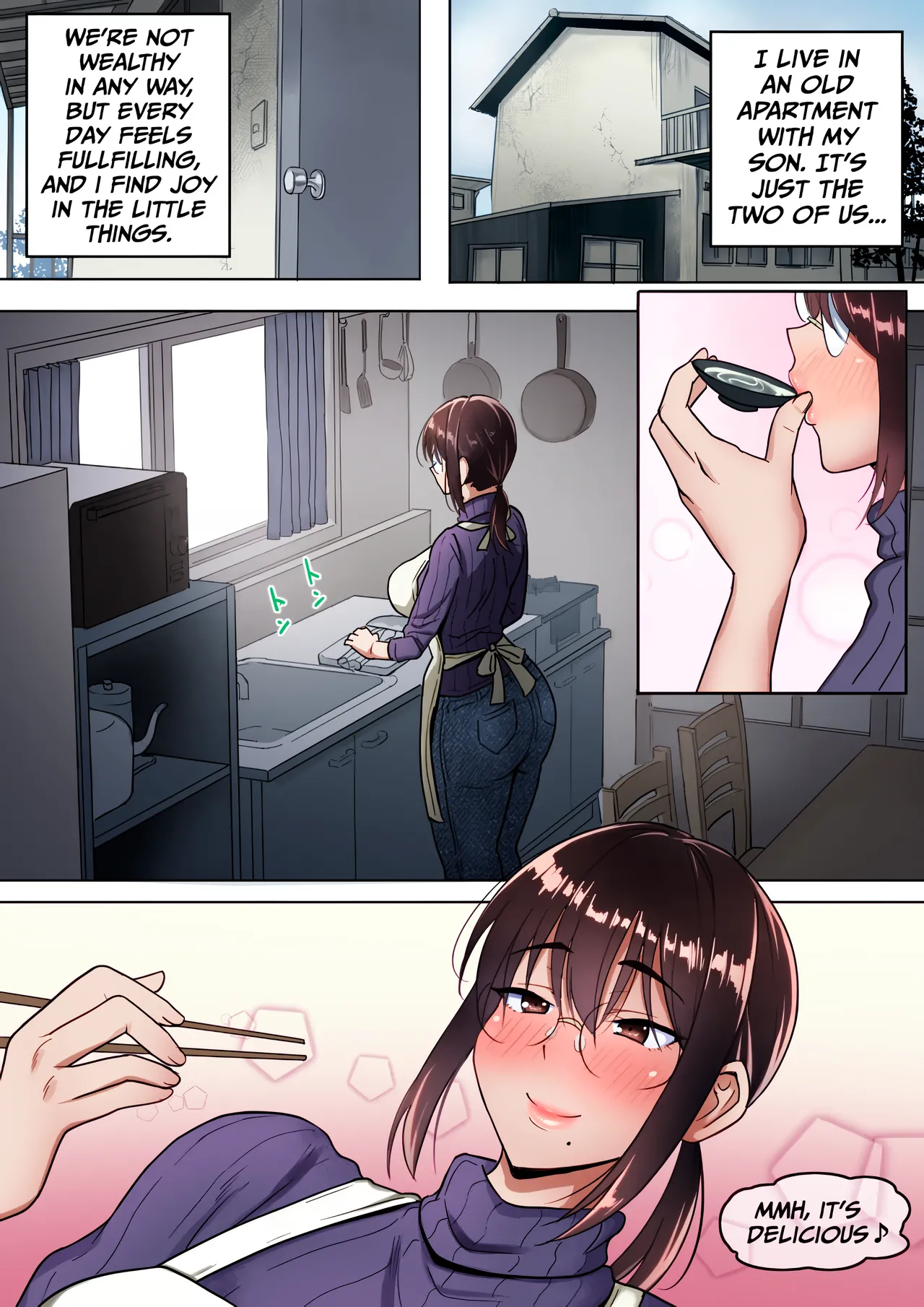 [Hot Mikan (Kishimen)]Binbou Gurashi na Boshi Katei no Oyako Koubi wa Kimochi Ii. | Mother & Son Bonding in a Poor Single-Parent Household Feels Good[English] [Colorize] Page 2
