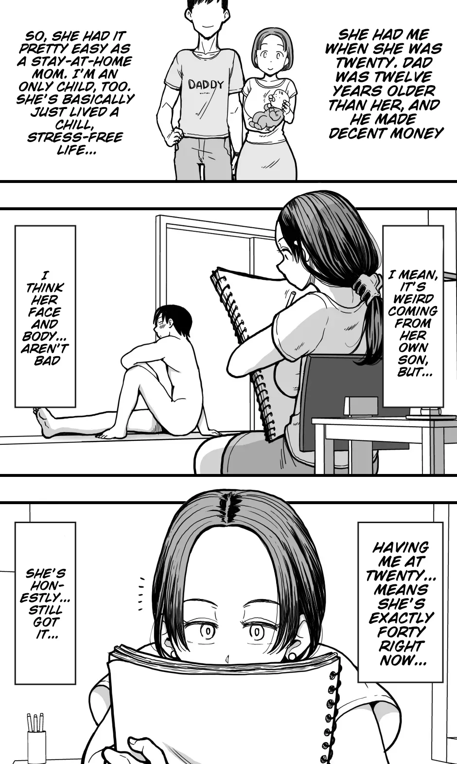 [Polbockle]Kaa-san no Nude Model o Shite Itara, Kaa-san no Panchira Mite Bokki Shite Shimai, Soshite...... | I was acting as a nude model for my mom, but then... I caught a glimpse of her panties, got a boner, and well...[English] [Ghostmilflame] Page 6