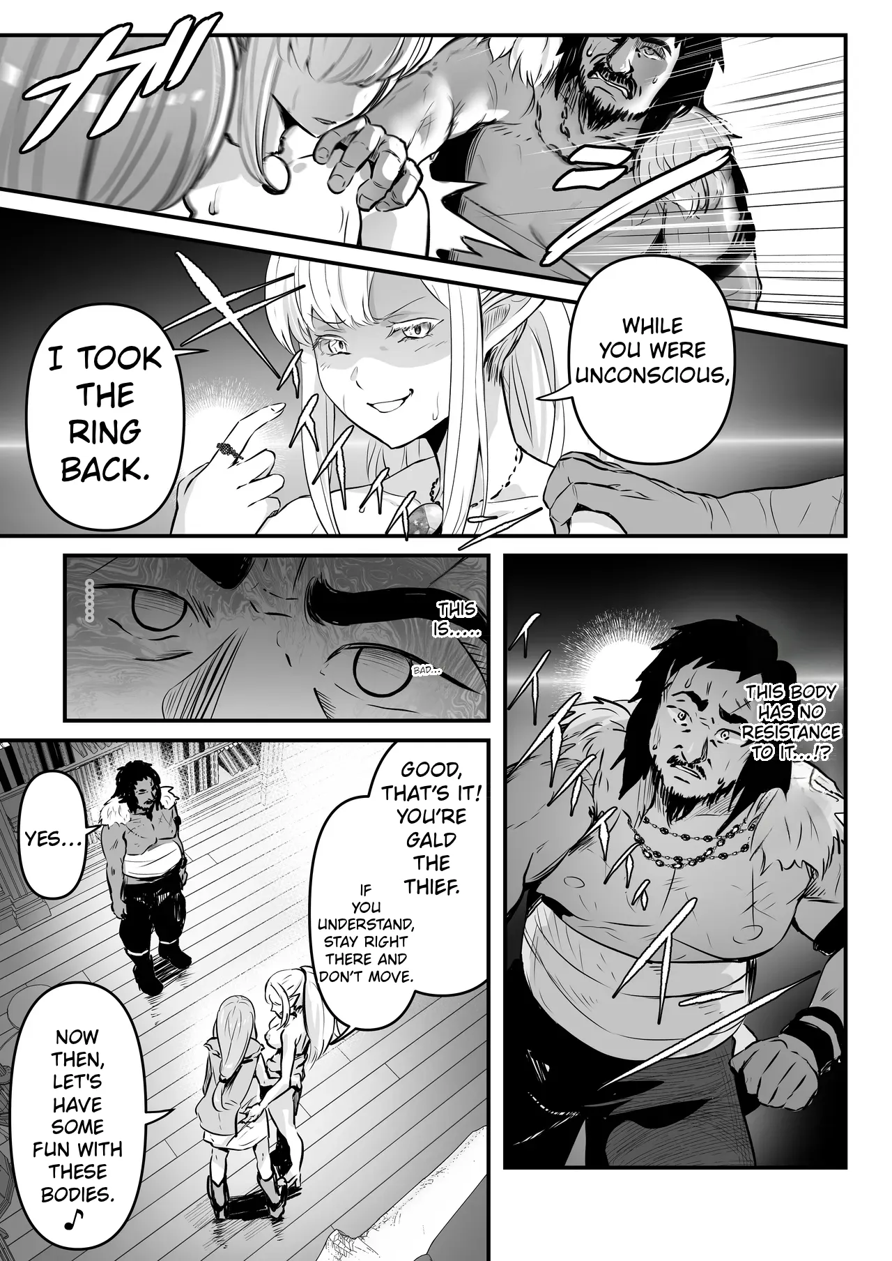 [Minaduki Nanana no TS Senichiya (Mishima Psycho)]Touzoku Combi ga Bishoujo Elf & Mura Musume to Irekawari Nottoru Hanashi | A story about a pair of thieves who swap bodies with a beautiful elf and a village girl and take over their lives.[English] [Digital] Page 14