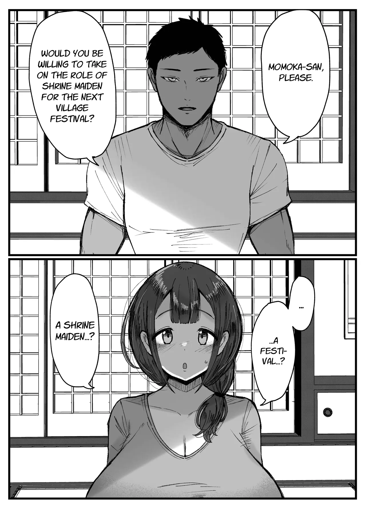 [JUNNkdou (JUNN)]Nagasareyasui Hitozuma (32) ga Inshuu Mura de Miko ni Matsuriagerare Chinpo Ochi Suru Hanashi 1 | A Married Woman (32) Is Chosen as a Sacred Maiden in a Remote Village Part 1[English] [Link-Link] [Digital] Page 2