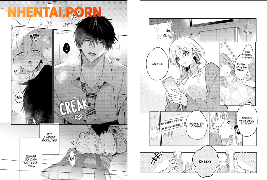 Manga pages from My Boss Secretly Adores Me with office, live-stream, and intimate scenes of Nagisa and Inukai.